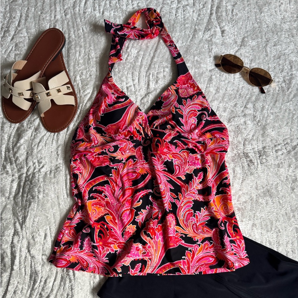 ✨Like New!💕Chaps Halter Swim Top in Black with Pink & Orange Paisley